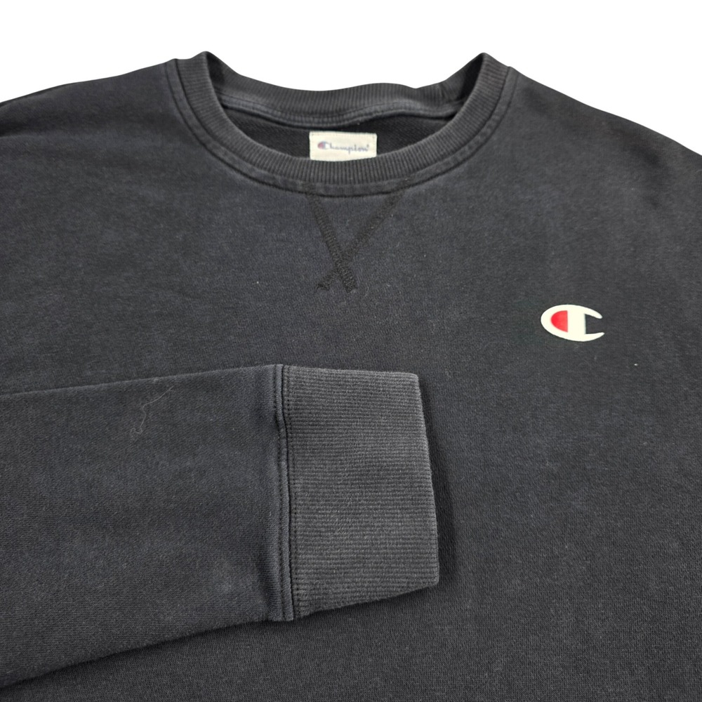 VTG Champion Mens Large Black Crewneck Sweatshirt Embroidered Logo Pullover L